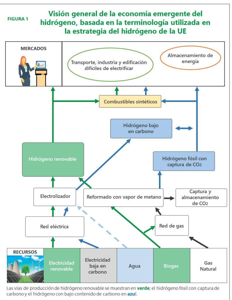 Visión general de la economía emergente del hidrógeno, basada en la terminología utilizada en la estrategia del hidrógeno de la UE