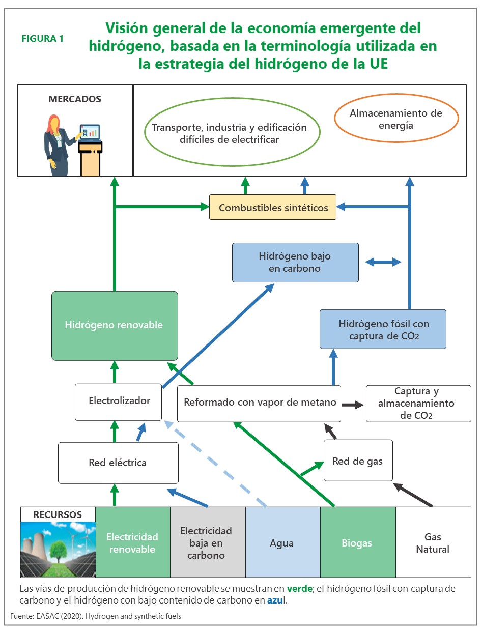 Visión general de la economía emergente del hidrógeno, basada en la terminología utilizada en la estrategia del hidrógeno de la UE